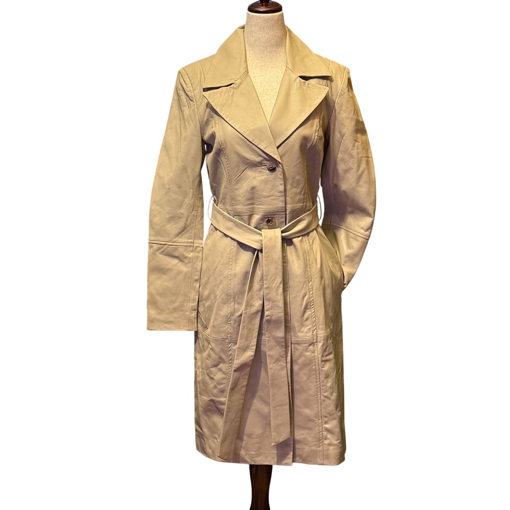 XS Badgley Mischka Lamb Leather Trench Coat Belted Beige XS TP